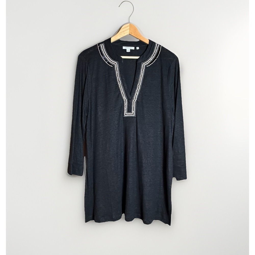 Chico's Black Embellished 100% Linen V-Neck Tunic Top Size‎ L 3/4 Sleeve Beaded